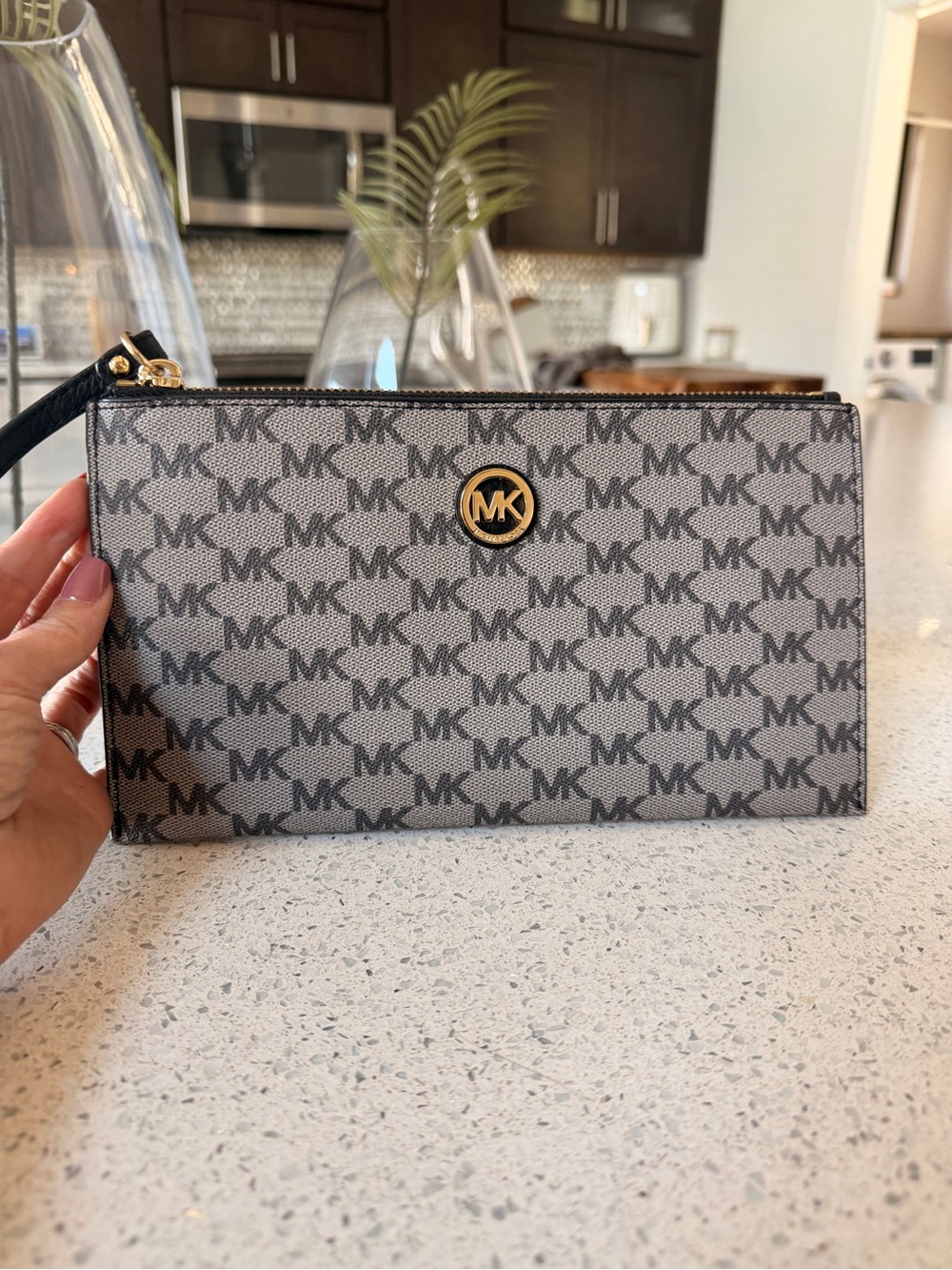 Michael Kors Gray and Black MK Logo Wristlet with Gold Accent